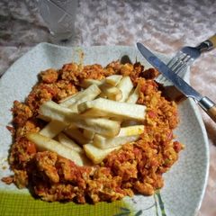 A picture of Fried yam with Egg Sauce.