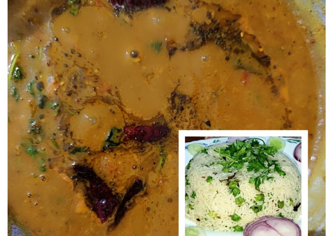 South Indian Tomato Rasam with Green Peas Rice