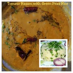 A picture of South Indian Tomato Rasam with Green Peas Rice.