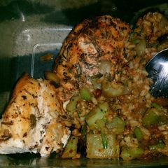 A picture of Balsamic vinaigrette marinade chicken breasts with brown rice an.