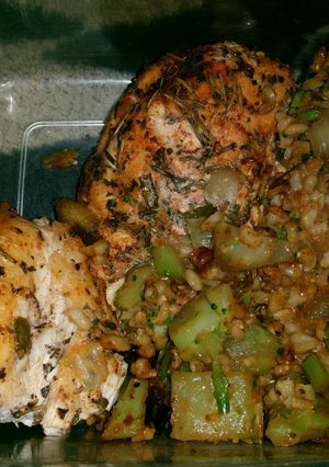 A picture of Balsamic vinaigrette marinade chicken breasts with brown rice an.