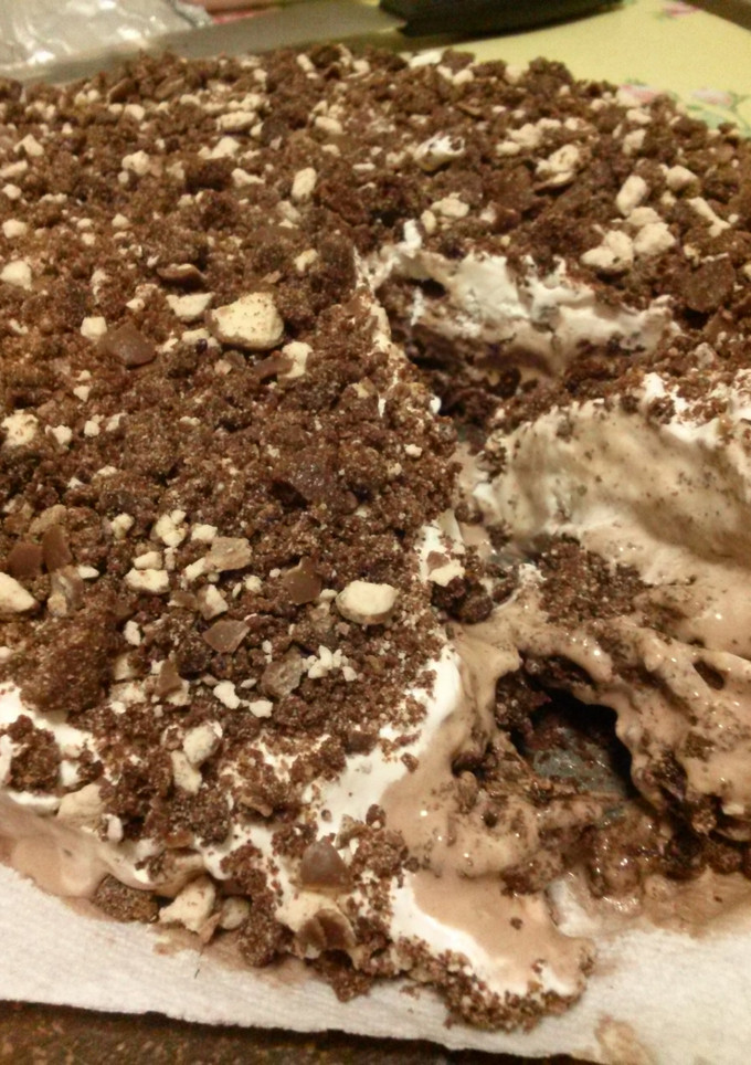 A picture of Steven's Whoppers Ice Cream Cake.