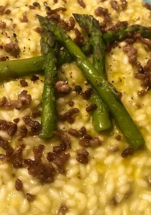 A picture of Risotto with Asparagus and Crispy Ground Beef.