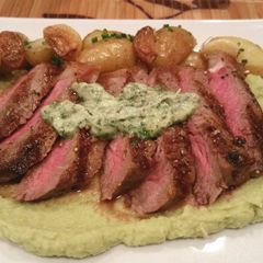Strip Steak with Cauliflower puree and roasted garlic potatoes A picture of Strip Steak with Cauliflower puree and roasted garlic potatoes.