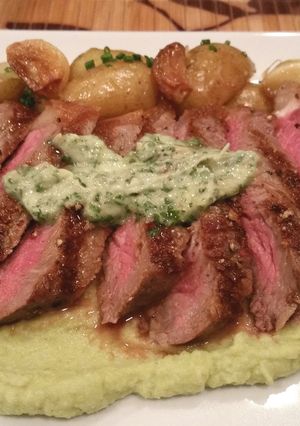 A picture of Strip Steak with Cauliflower puree and roasted garlic potatoes.