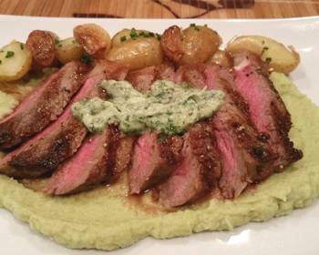 Easy Fast Cooking Strip Steak with Cauliflower puree and roasted garlic potatoes Delicious Simple