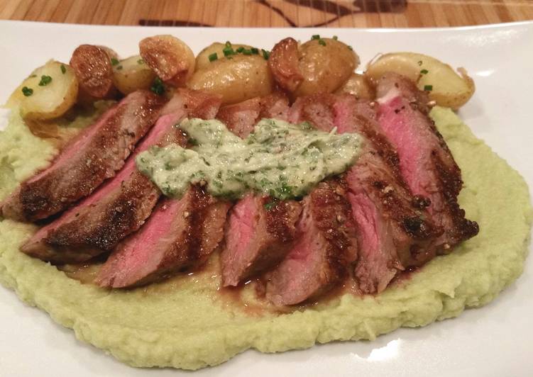 Strip Steak with Cauliflower puree and roasted garlic potatoes