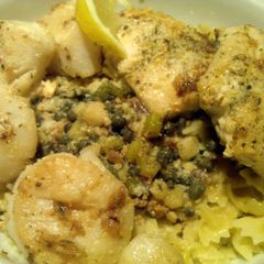 A picture of Pasta with pan seared Red Snapper and Scallops.