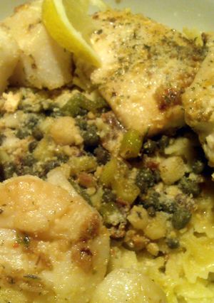 A picture of Pasta with pan seared Red Snapper and Scallops.