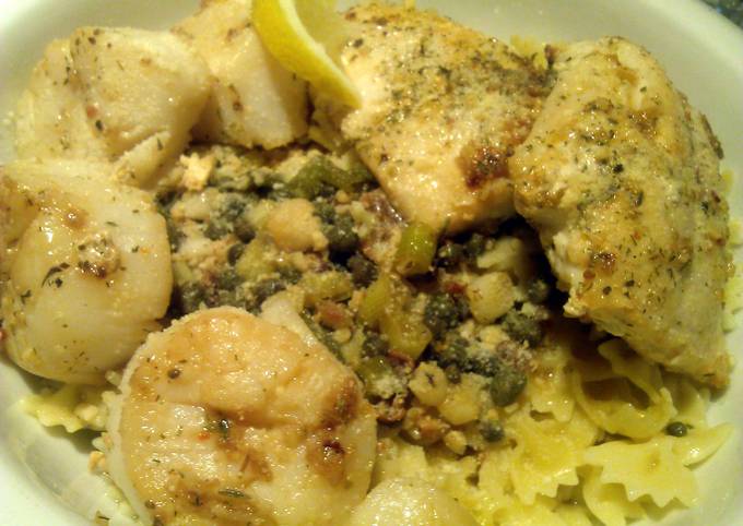 Pasta with pan seared Red Snapper and Scallops