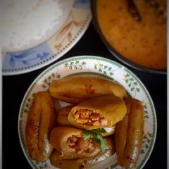 Achari Chicken Keema stuffed Parwal (Bharwa Parwal) A picture of Achari Chicken Keema stuffed Parwal (Bharwa Parwal).