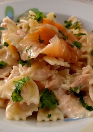 A picture of Farfalle with Smoked Salmon and Cream Cheese.