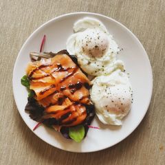 A picture of Salmon and poached eggs.