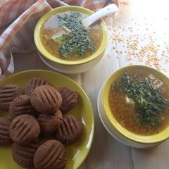 A picture of SugarFree Ragi Cookies with Mixed Lentil soup.