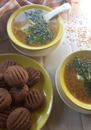 A picture of SugarFree Ragi Cookies with Mixed Lentil soup.