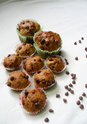 A picture of Banana Chocolate Chip Muffins (eggless and butter less).