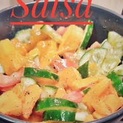 A picture of 3 coloured Mango Salsa.