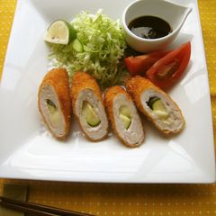 A picture of Deep-fried and Breaded Chicken Rolls with Cheese.