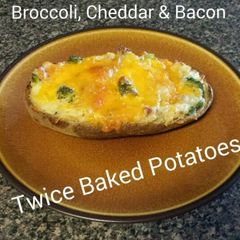Bacon cheddar broccoli twice baked potatoes A picture of Bacon cheddar broccoli twice baked potatoes.