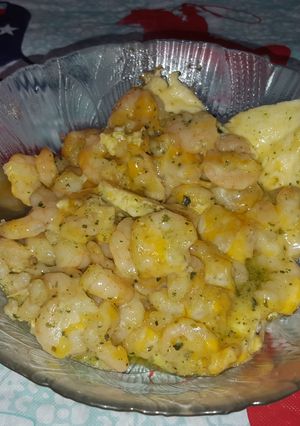 A picture of Pasta-less low carb cheesy pesto shrimp!.
