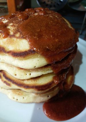 A picture of Softest and Fluffy Pancake stacked high with Caramel.