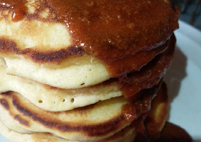 Recipe of Award-winning Softest and Fluffy Pancake stacked high with Caramel