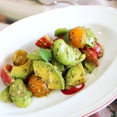 A picture of Fava Beans, Avocado and Tomatoes in Basil Sauce.