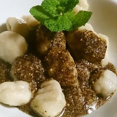A picture of Taro Root "Hittsumi" Gnocchi with Sesame Sauce.