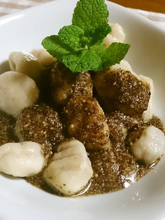 A picture of Taro Root "Hittsumi" Gnocchi with Sesame Sauce.