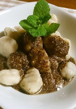 A picture of Taro Root "Hittsumi" Gnocchi with Sesame Sauce.