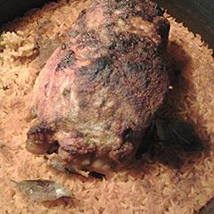A picture of Rib end piece roast and rice.