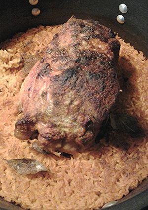 A picture of Rib end piece roast and rice.