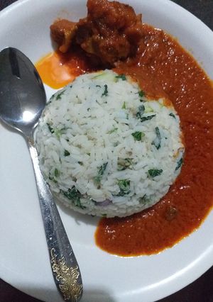 A picture of Vegetable rice with stew.