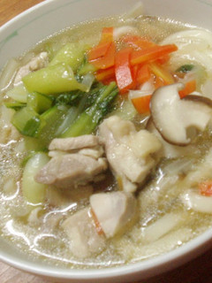 A picture of Comfort Chinese Udon Noodles with Chicken and Bok Choy.