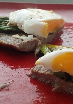A picture of Grilled Carne Asada, Asparagus, and Duck Egg.