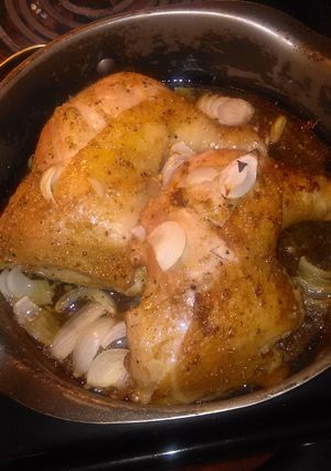 A picture of Roasted chicken leg quarters.