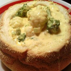 A picture of sunshine 's cheesy cauliflower soup bowl.