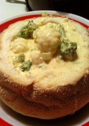 A picture of sunshine 's cheesy cauliflower soup bowl.