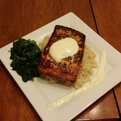 A picture of Pan seared lemon pepper salmon w/ citrus yogurt sauce.