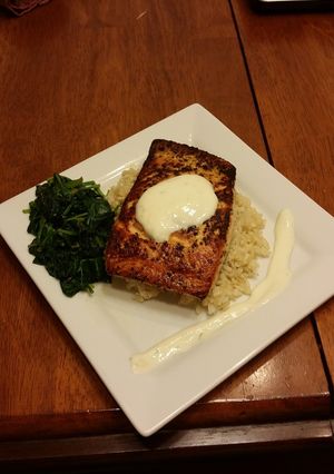 A picture of Pan seared lemon pepper salmon w/ citrus yogurt sauce.