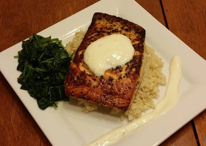 Pan seared lemon pepper salmon w/ citrus yogurt sauce