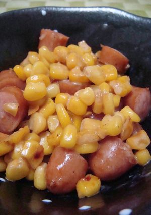 A picture of Rich Mayonaisse and Soy Sauce Flavored Stir Fried Corn and Wiener Sausages.