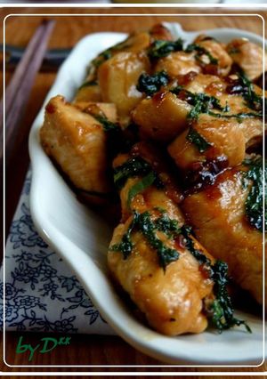 A picture of Buttery Chicken Teriyaki with Garlic and Shiso Leaves.