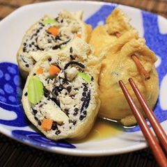 A picture of Simmered Gomoku (Five-Ingredient) "Kinchaku" Pouches Stuffed with Tofu and Ground Chicken.