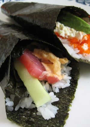 A picture of Hand-Rolled California Rolls.