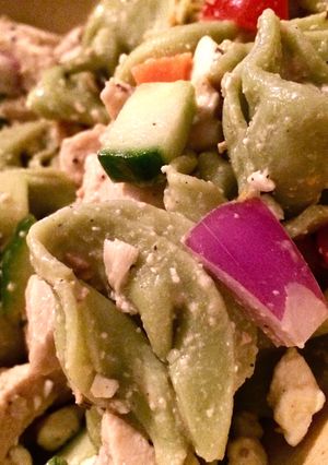 A picture of Chicken Caesar Tortellini Salad.