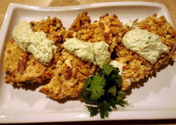 Baked chicken, crispy style with green goddess dressing