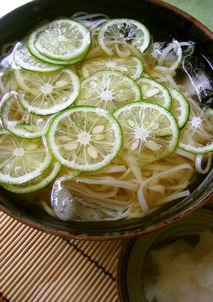 A picture of Refreshing Chilled Udon Noodles with Sudachi Citrus.