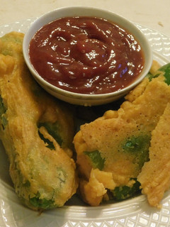 A picture of Bajji (fritter) with stuffed Anaheim Chilies.
