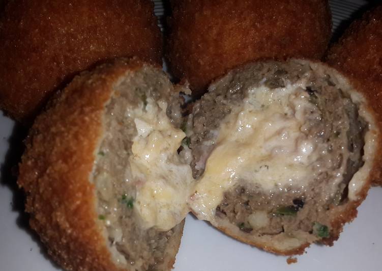 Double cheese and bacon centered, crumbed meat balls